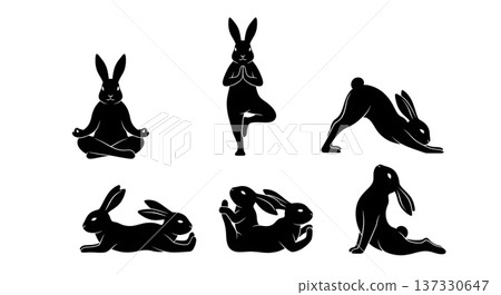 Black Solid Breathing Yoga Bunny Set of Six on White Background 137330647
