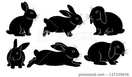 Black Solid Breed Variation Bunny Silhouettes Set of Six on White Background 137330656