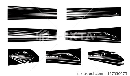 Black Solid Bullet Train Speed Silhouettes Set of Six on White Background 137330675