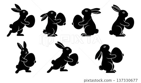 Black Solid Bunnies Holding Eggs Silhouettes Set of Six on White Background 137330677