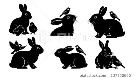 Black Solid Bunny and Bird Friendships Set of Six on White Background Black Solid Bunny and Bird Friendships Set of Six on White Background 137330690