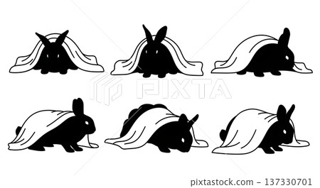 Black Solid Burrowing Bunny Silhouettes Set of Six on White Background Black Solid Burrowing Bunny Silhouettes Set of Six on White Background 137330701