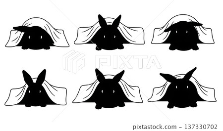Black Solid Burrowing Bunny Silhouettes Set of Six on White Background Black Solid Burrowing Bunny Silhouettes Set of Six on White Background 137330702