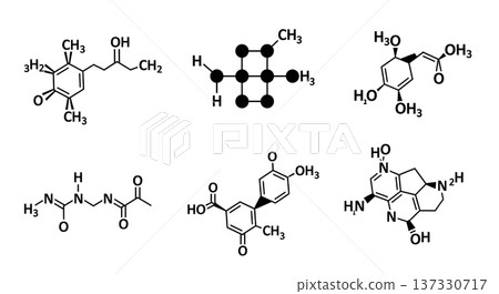 Black Solid Caffeine and Glucose Molecular Silhouettes Set of Six on White Background 137330717