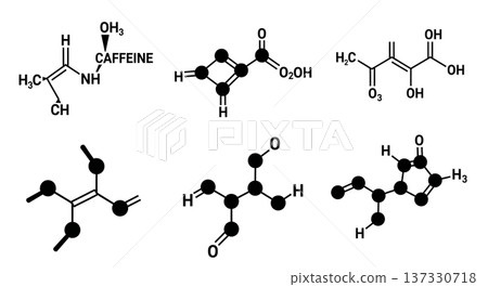 Black Solid Caffeine and Glucose Molecular Silhouettes Set of Six on White Background Black Solid Caffeine and Glucose Molecular Silhouettes Set of Six on White Background 137330718