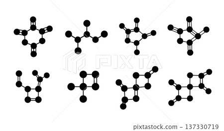 Black Solid Caffeine and Glucose Molecular Silhouettes Set of Six on White Background 137330719
