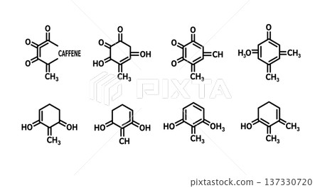 Black Solid Caffeine and Glucose Molecular Silhouettes Set of Six on White Background 137330720