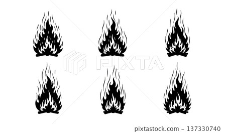 Black Solid Campfire Ember Silhouettes Set of Six on White Background Black Solid Campfire Ember Silhouettes Set of Six on White Background 137330740