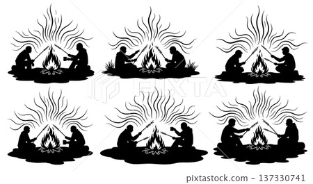 Black Solid Campfire Gathering Light Silhouettes Set of Six on White Background Black Solid Campfire Gathering Light Silhouettes Set of Six on White Background 137330741