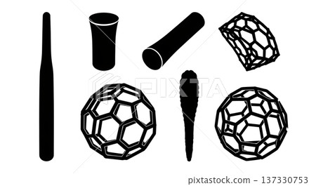 Black Solid Carbon Nanotube Silhouettes Set of Six on White Background 137330753