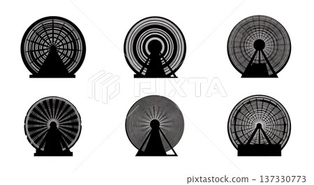 Black Solid Carnival Ride Light Trail Silhouettes Set of Six on White Background Black Solid Carnival Ride Light Trail Silhouettes Set of Six on White Background 137330773
