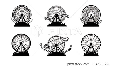 Black Solid Carnival Ride Light Trail Silhouettes Set of Six on White Background Black Solid Carnival Ride Light Trail Silhouettes Set of Six on White Background 137330776