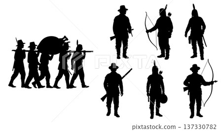Black Solid Carrying Roasted Turkey Silhouettes Set of Six on White Background Black Solid Carrying Roasted Turkey Silhouettes Set of Six on White Background 137330782