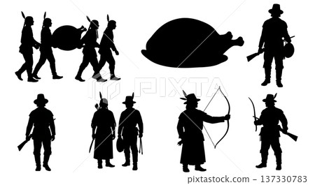 Black Solid Carrying Roasted Turkey Silhouettes Set of Six on White Background Black Solid Carrying Roasted Turkey Silhouettes Set of Six on White Background 137330783