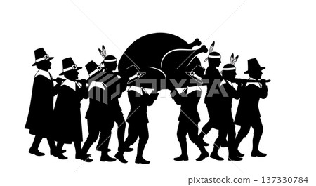 Black Solid Carrying Roasted Turkey Silhouettes Set of Six on White Background Black Solid Carrying Roasted Turkey Silhouettes Set of Six on White Background 137330784