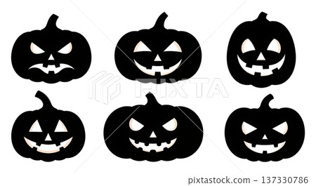 Black Solid Carved Pumpkin Silhouettes Set of Six on White Background Black Solid Carved Pumpkin Silhouettes Set of Six on White Background 137330786