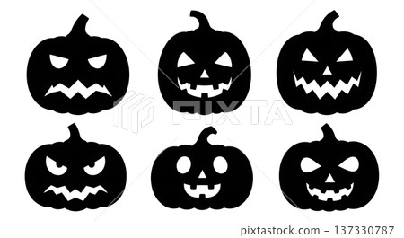 Black Solid Carved Pumpkin Silhouettes Set of Six on White Background 137330787