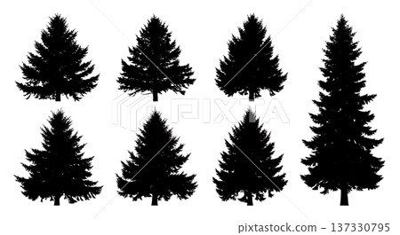 Black Solid Mixed Conifer Pine Tree Silhouettes Set of Six 137330795