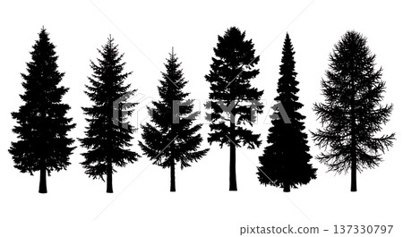 Black Solid Mixed Conifer Pine Tree Silhouettes Set of Six 137330797
