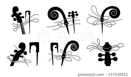 Black Solid Cello Bass Detail Silhouettes Set of Six on White Background Black Solid Cello Bass Detail Silhouettes Set of Six on White Background 137330812