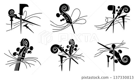 Black Solid Cello Bass Detail Silhouettes Set of Six on White Background 137330813