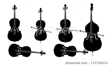 Black Solid Cello and Double Bass Silhouettes Set of Six on White Background 137330819