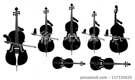 Black Solid Cello and Double Bass Silhouettes Set of Six on White Background 137330820