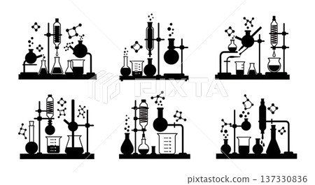Black Solid Chemical Lab Glassware Silhouettes Set of Six on White Background 137330836