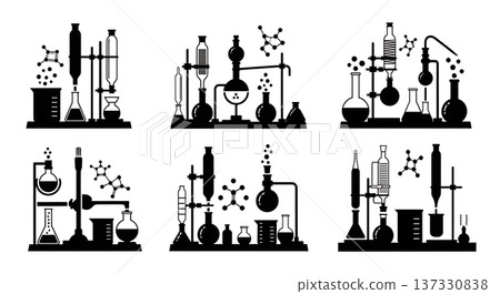 Black Solid Chemical Lab Glassware Silhouettes Set of Six on White Background 137330838