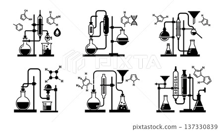 Black Solid Chemical Lab Glassware Silhouettes Set of Six on White Background 137330839