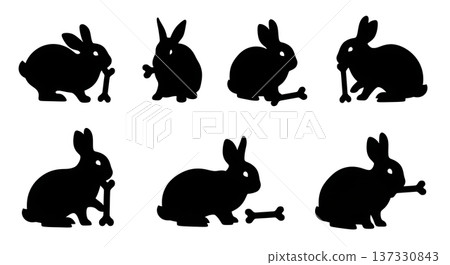 Black Solid Chew Toy Bunny Silhouettes Set of Six on White Background 137330843