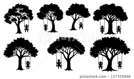 Black Solid Children Swing Oak Silhouettes Set of Six Black Solid Children Swing Oak Silhouettes Set of Six 137330846