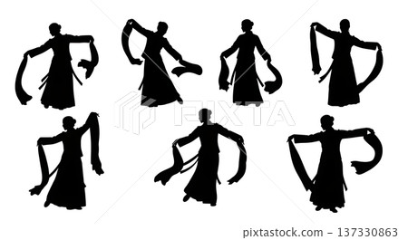 Black Solid Chinese Water Sleeve Dance Silhouettes Set of Six on White Background Black Solid Chinese Water Sleeve Dance Silhouettes Set of Six on White Background 137330863