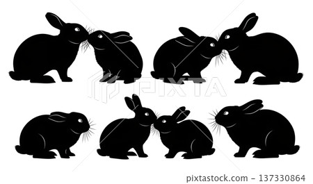 Black Solid Chinning Bunny Silhouettes Set of Six on White Background Black Solid Chinning Bunny Silhouettes Set of Six on White Background 137330864