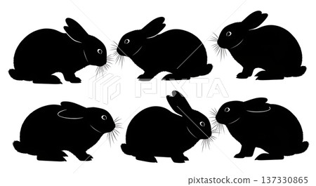 Black Solid Chinning Bunny Silhouettes Set of Six on White Background Black Solid Chinning Bunny Silhouettes Set of Six on White Background 137330865