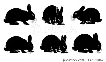 Black Solid Chinning Bunny Silhouettes Set of Six on White Background Black Solid Chinning Bunny Silhouettes Set of Six on White Background 137330867