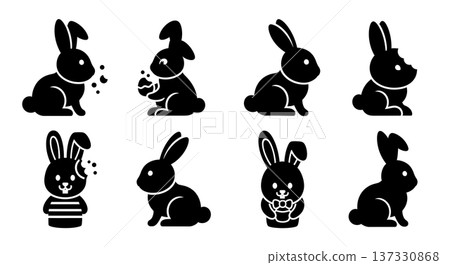Black Solid Chocolate Bunny Silhouettes Set of Six on White Background Black Solid Chocolate Bunny Silhouettes Set of Six on White Background 137330868