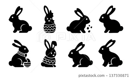 Black Solid Chocolate Bunny Silhouettes Set of Six on White Background 137330871