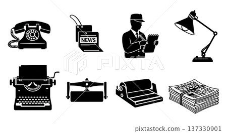 Black Solid 1930s Newsroom Office Silhouettes Set of Six on White Background Black Solid 1930s Newsroom Office Silhouettes Set of Six on White Background 137330901
