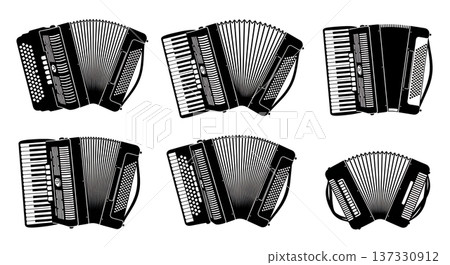Black Solid Accordion Silhouettes Set of Six on White Background Black Solid Accordion Silhouettes Set of Six on White Background 137330912