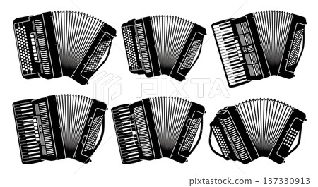 Black Solid Accordion Silhouettes Set of Six on White Background Black Solid Accordion Silhouettes Set of Six on White Background 137330913