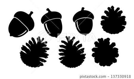 Black Solid Acorn and Pinecone Silhouettes Set of Six on White Background 137330918