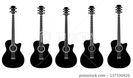 Black Solid Acoustic Bass Silhouettes Set of Six on White Background 137330920