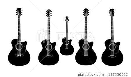 Black Solid Acoustic Bass Silhouettes Set of Six on White Background Black Solid Acoustic Bass Silhouettes Set of Six on White Background 137330922
