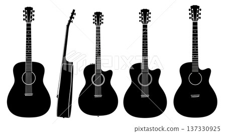Black Solid Acoustic Guitar Silhouettes Set of Six on White Background Black Solid Acoustic Guitar Silhouettes Set of Six on White Background 137330925