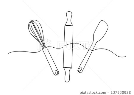 One line drawing of baking tools like rolling pin, whisk, and rubber spatula. One line drawing of baking tools like rolling pin, whisk, and rubber spatula. 137330928