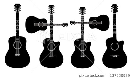 Black Solid Acoustic Guitar Silhouettes Set of Six on White Background Black Solid Acoustic Guitar Silhouettes Set of Six on White Background 137330929