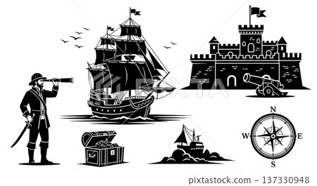Black Solid Age of Discovery Harbor Silhouettes Set of Six on White Background 137330948