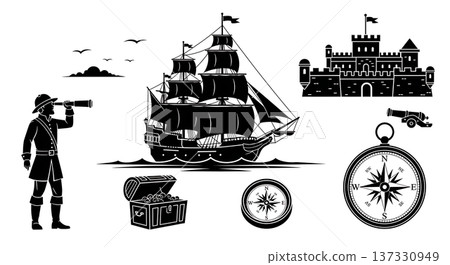Black Solid Age of Discovery Harbor Silhouettes Set of Six on White Background 137330949