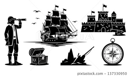Black Solid Age of Discovery Harbor Silhouettes Set of Six on White Background 137330950